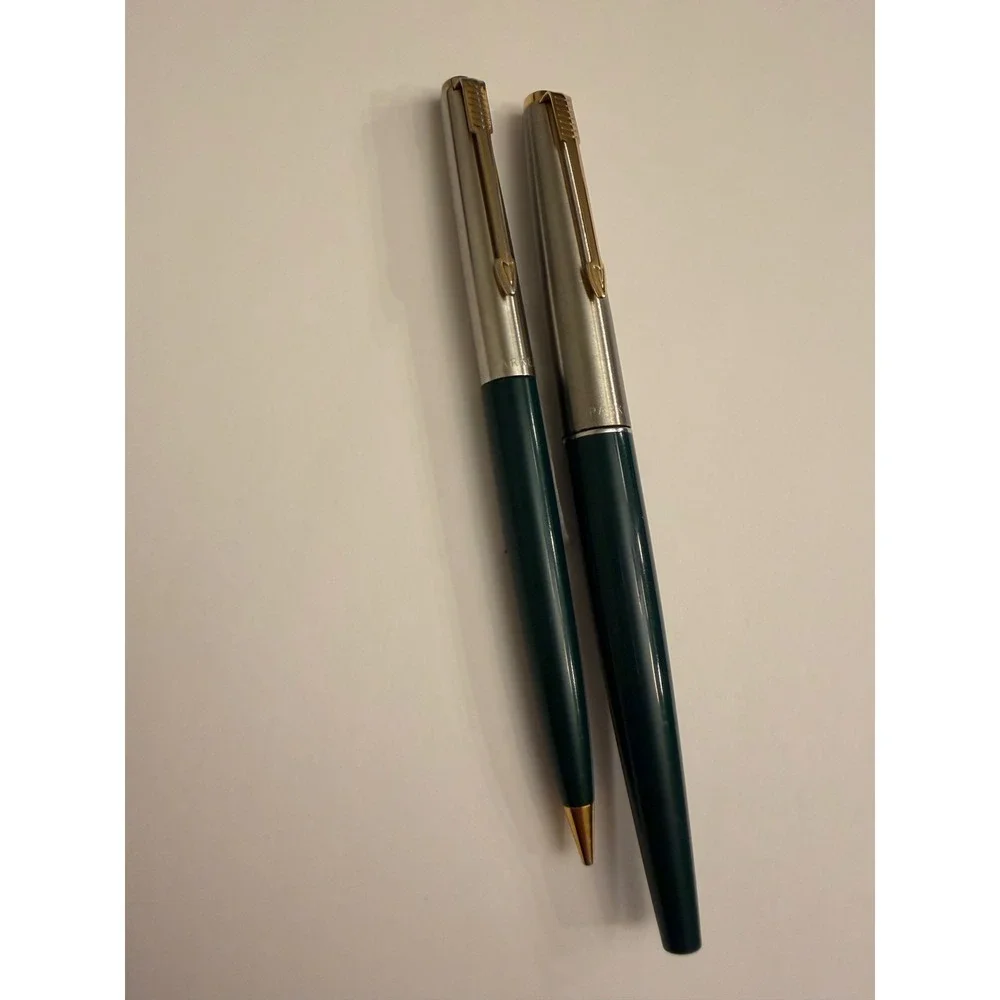 Parker Fountain Pen and Ballpoint Pen Set Deep Green Gold Trim‎ Vintage 1960's